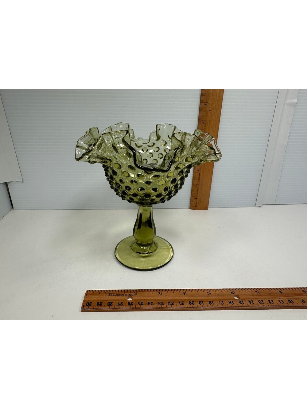 Fenton Colonial Green Hobnail Ruffled Compote Pedestal Candy Dish Vintage